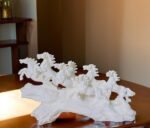 7 Running Horses Statue, Glossy White Horses on Wave Base, 45 cm