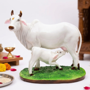 White Khamdhenu Cow And Calf Statue 7 Inch